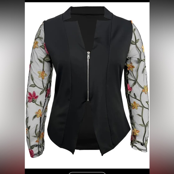 140. Floral Embroidered Open Front Blazer, Elegant Long Sleeve Blazer For - Picture 2 of 3